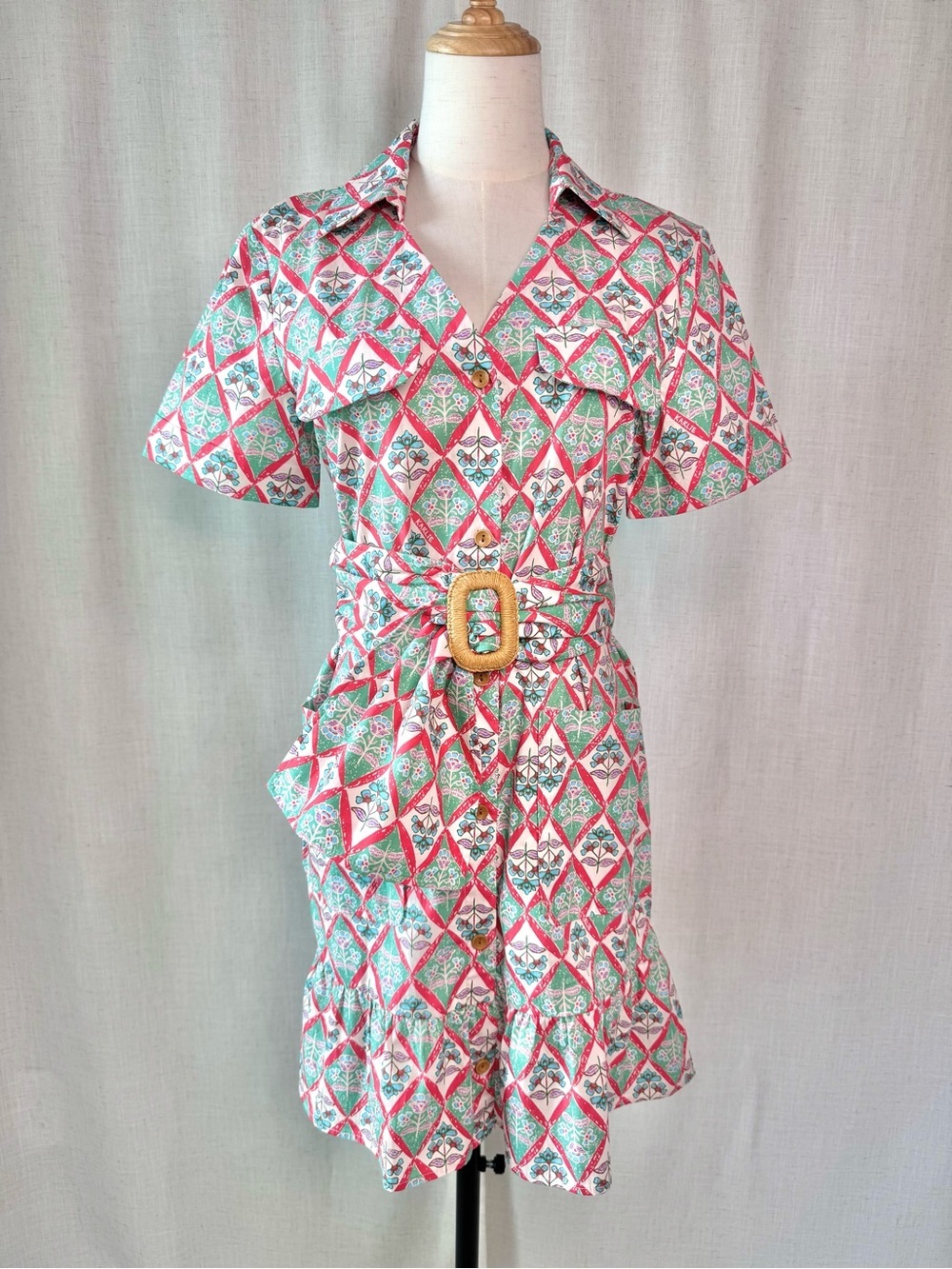 Karlie Naomi Paris Floral Shirt Dress w Belt Green Print Size Small NWT - Picture 2 of 15